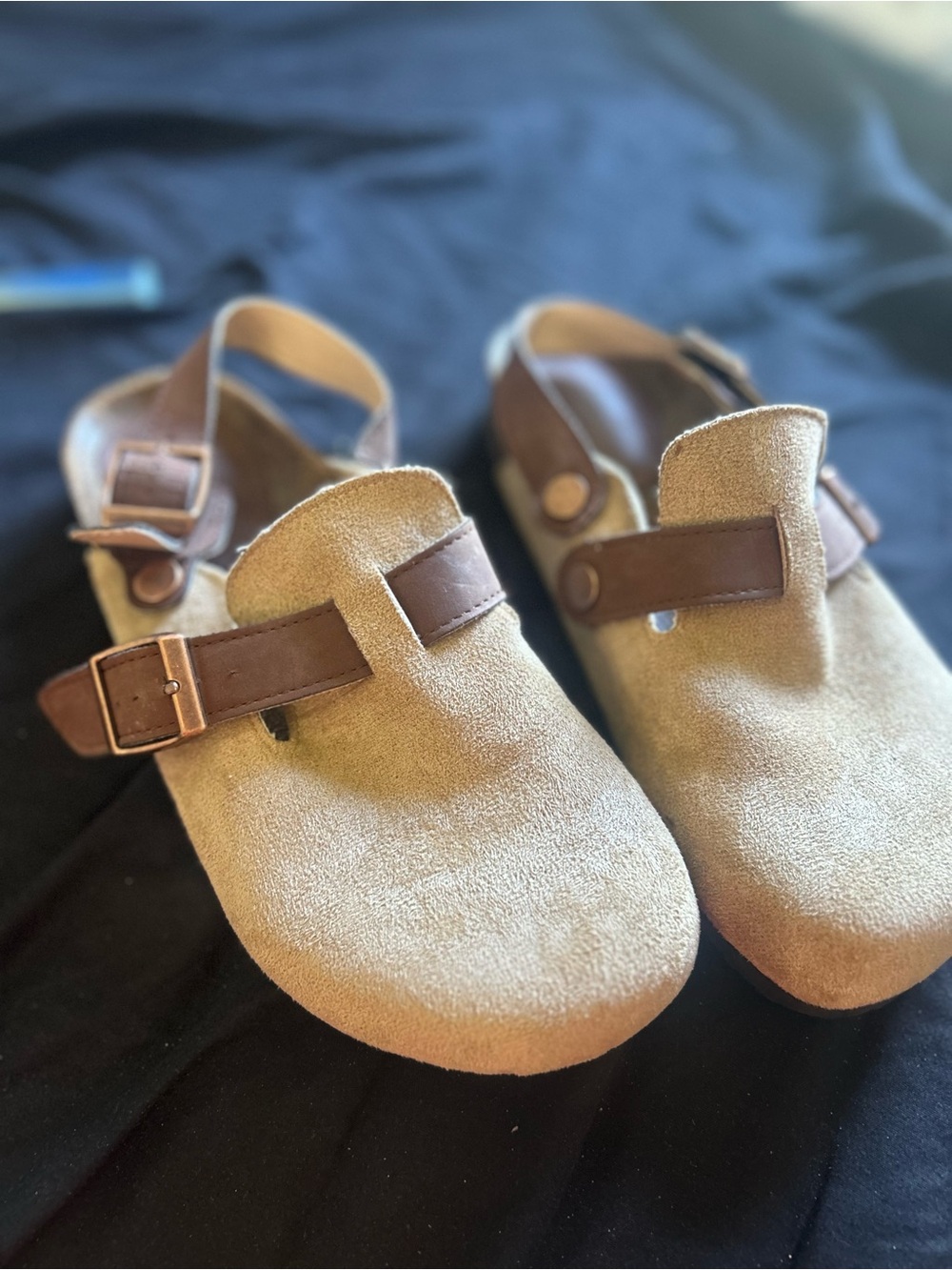 Women’s Suede Slip-On Clogged Loafers with Adjustable Brown Strap - Tan